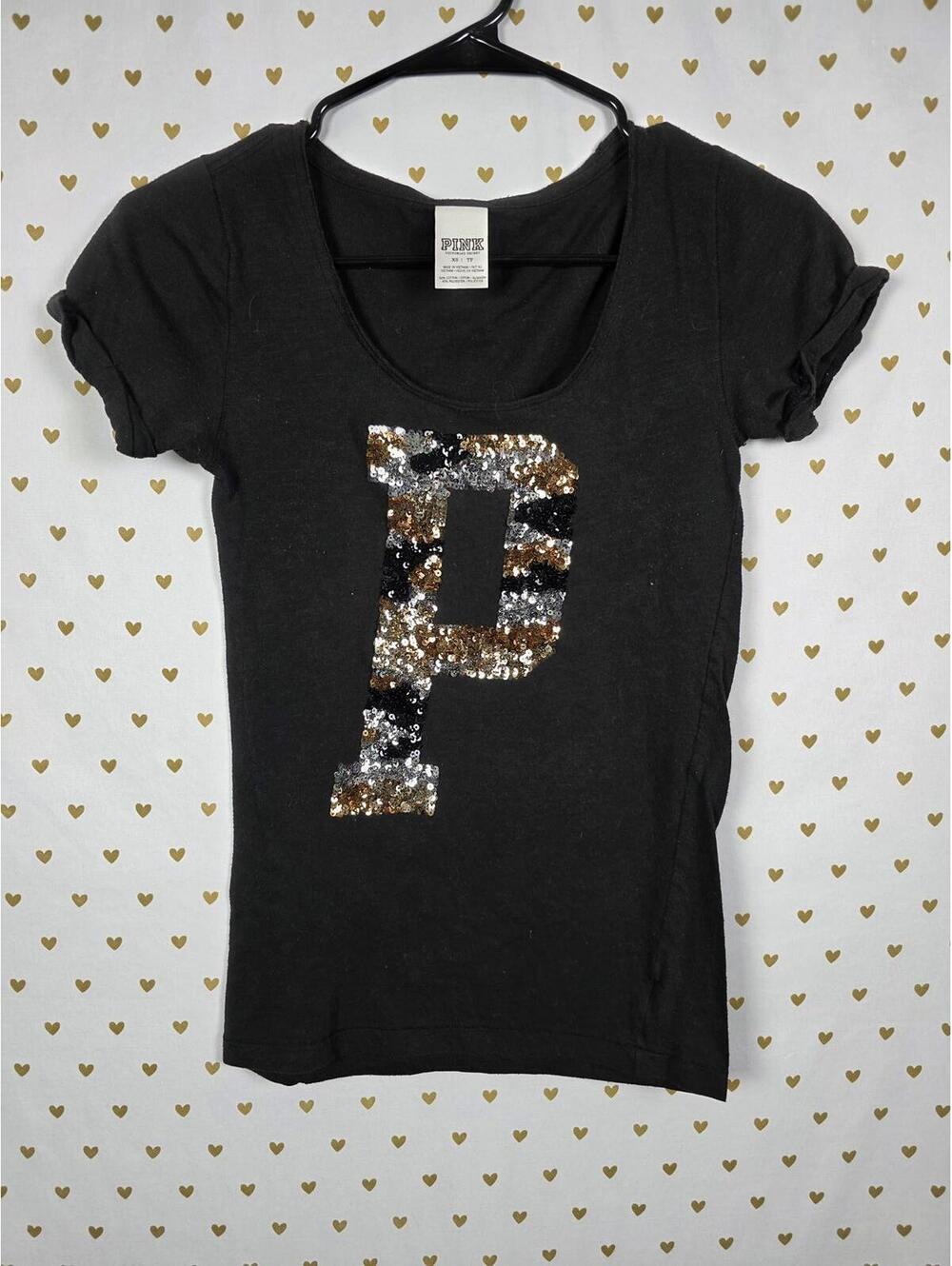 Victorias Secret PINK Animal Print BLING Sequined P logo Tee shirt XS